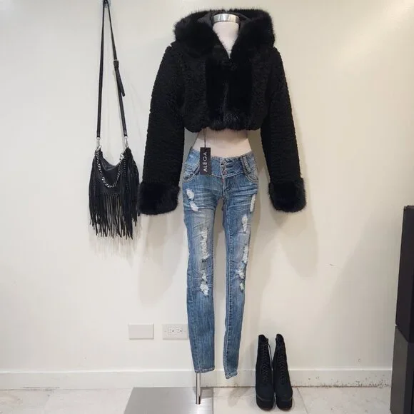 💋CHIC & SEXY💋Lux Black Vegan Shearling Lamb & Fox Fur Hoodded Crop Jacket - Picture 11 of 16